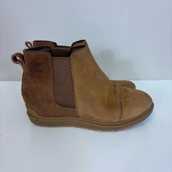 Sorel Chestnut Leather & Suede Ankle Pull On Wedge Booties Size 9 - Picture 1 of 8